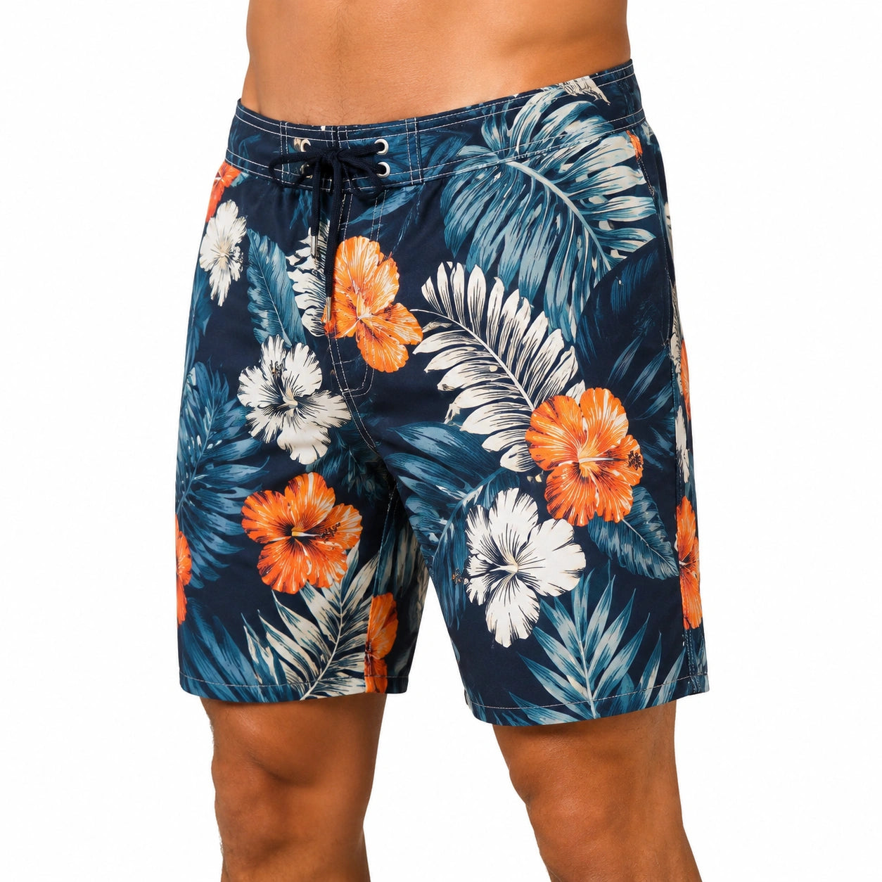 Badehose M aus Textil in Dunkelblau mit Blumenmuster und Kordelzug
