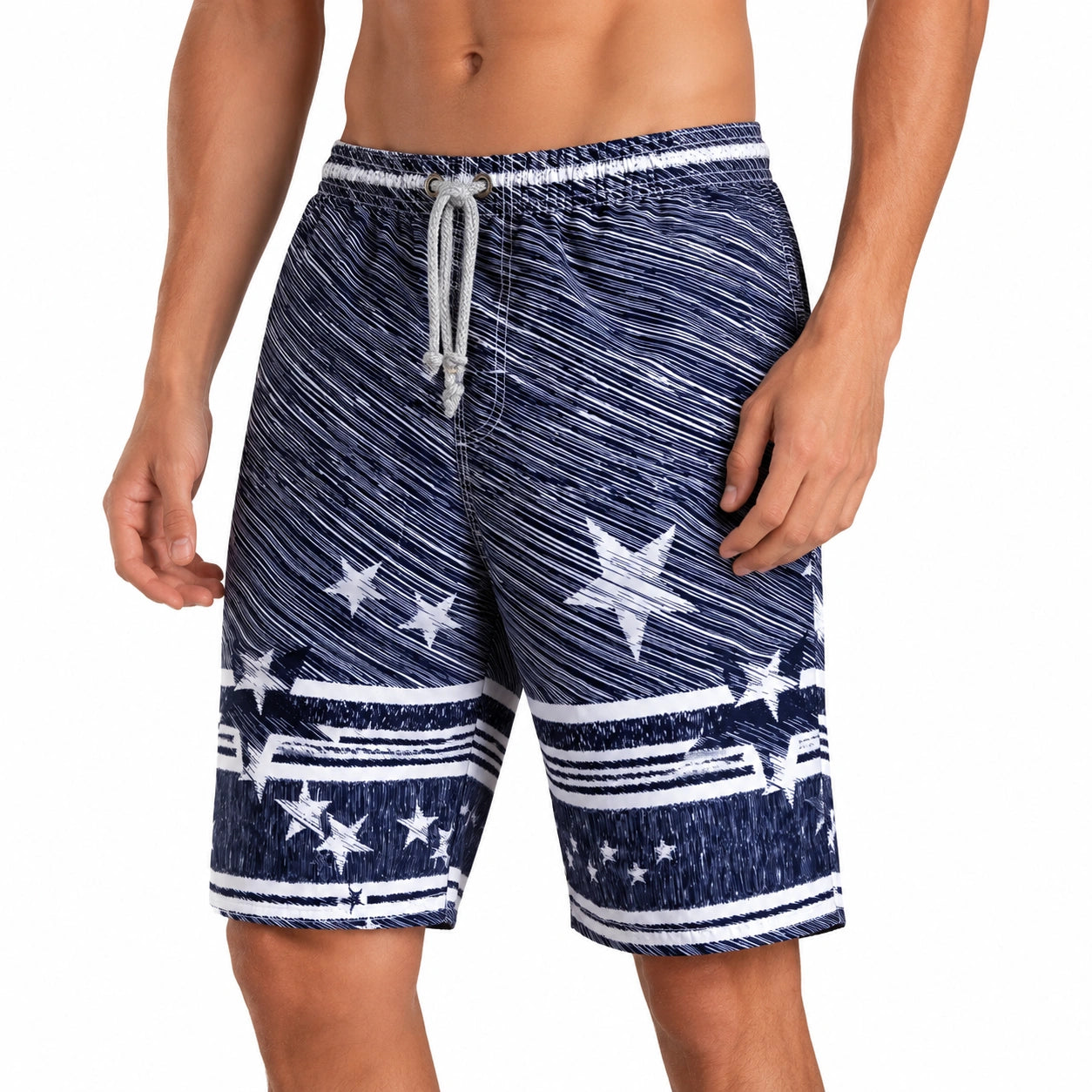 Herren Badeshorts Größe L Blau Weiß mit Kordelzug und Sternmuster