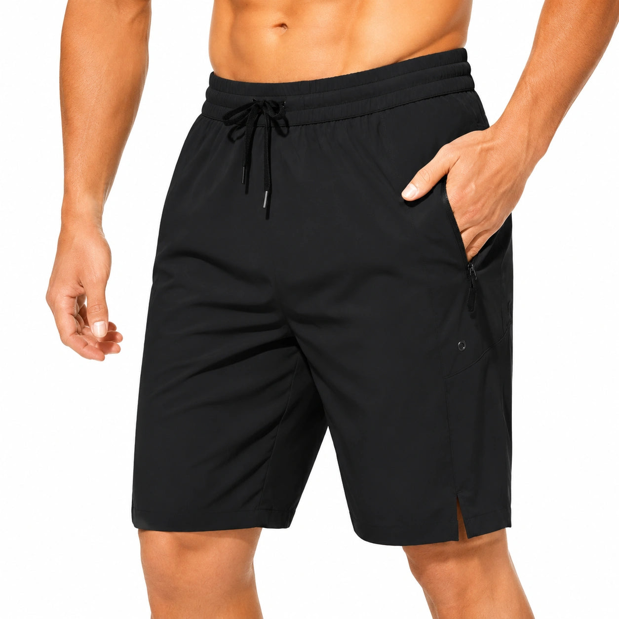 Herren Badeshorts Größe L aus Synthetik Schwarz mit Kordelzug und Reißverschlusstasche