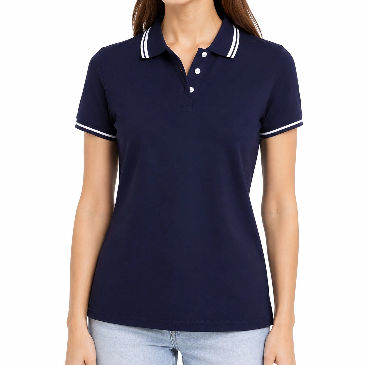 Damen Poloshirt Größe S Dunkelblau Kurzarm mit Kontraststreifen