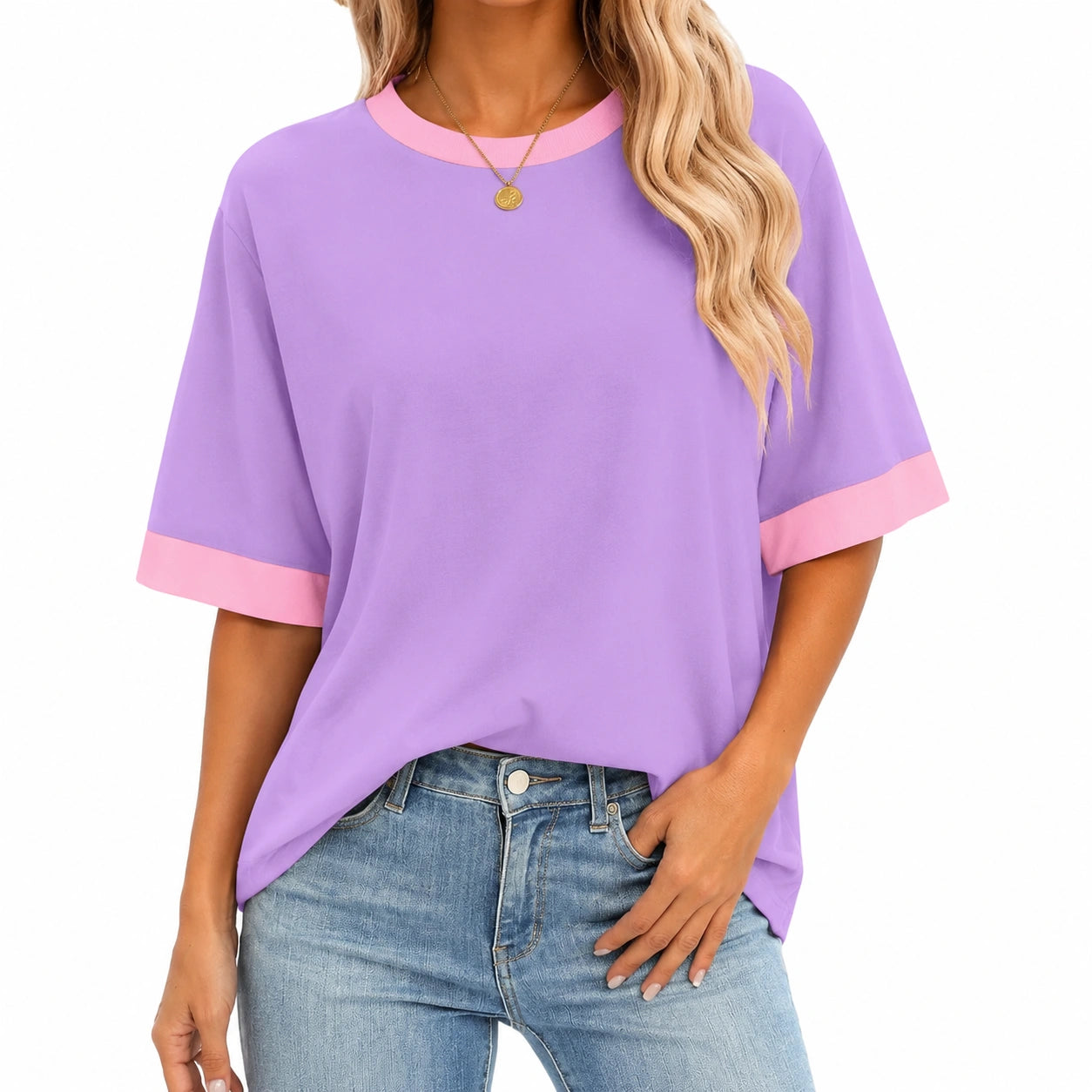 Damen T-Shirt Größe S Lila Rosa Lockerer Schnitt Kurzarm