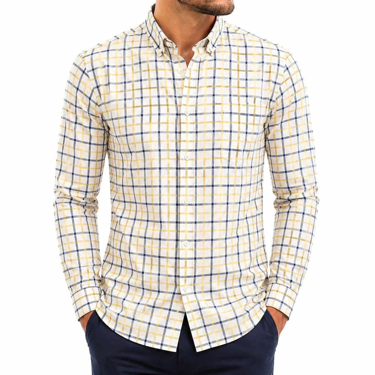 Herrenhemd XL aus Textilgewebe in Weiß Gelb Blau kariert mit Button-Down-Kragen