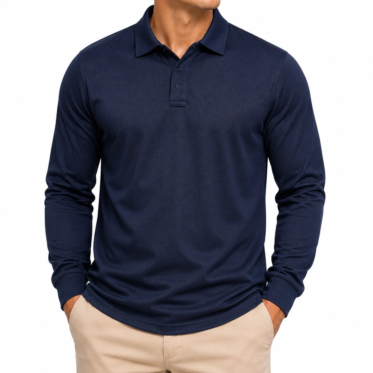 Herren Poloshirt Größe L Dunkelblau Langarm aus strukturiertem Textil