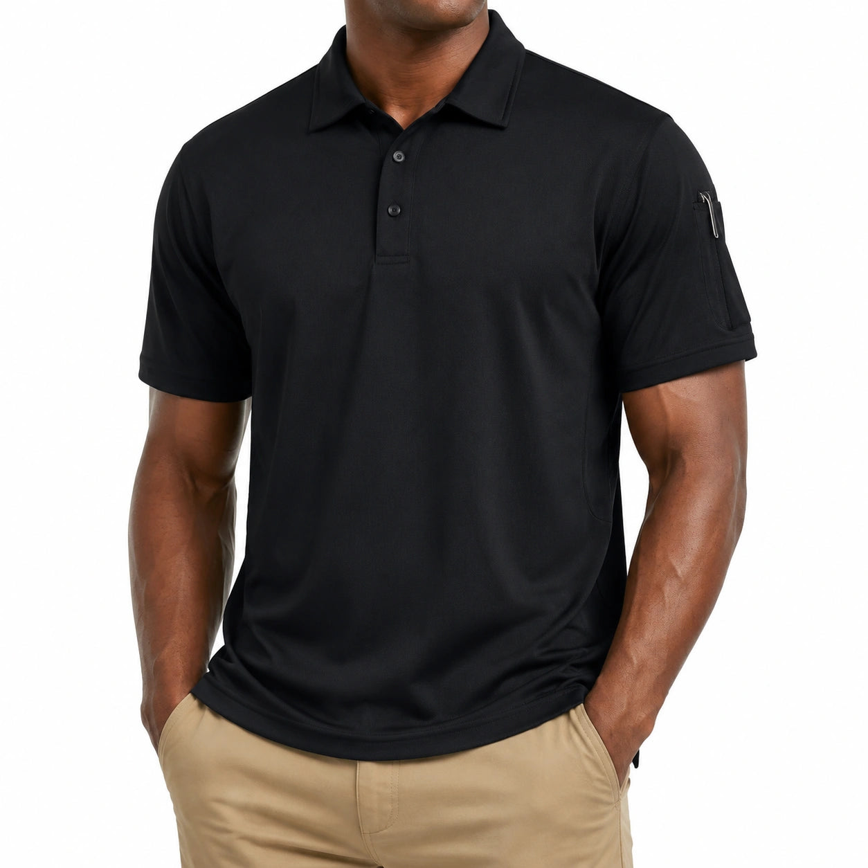 Herren Poloshirt M Schwarz aus Synthetikfaser mit Kurzarm und Ärmeltasche
