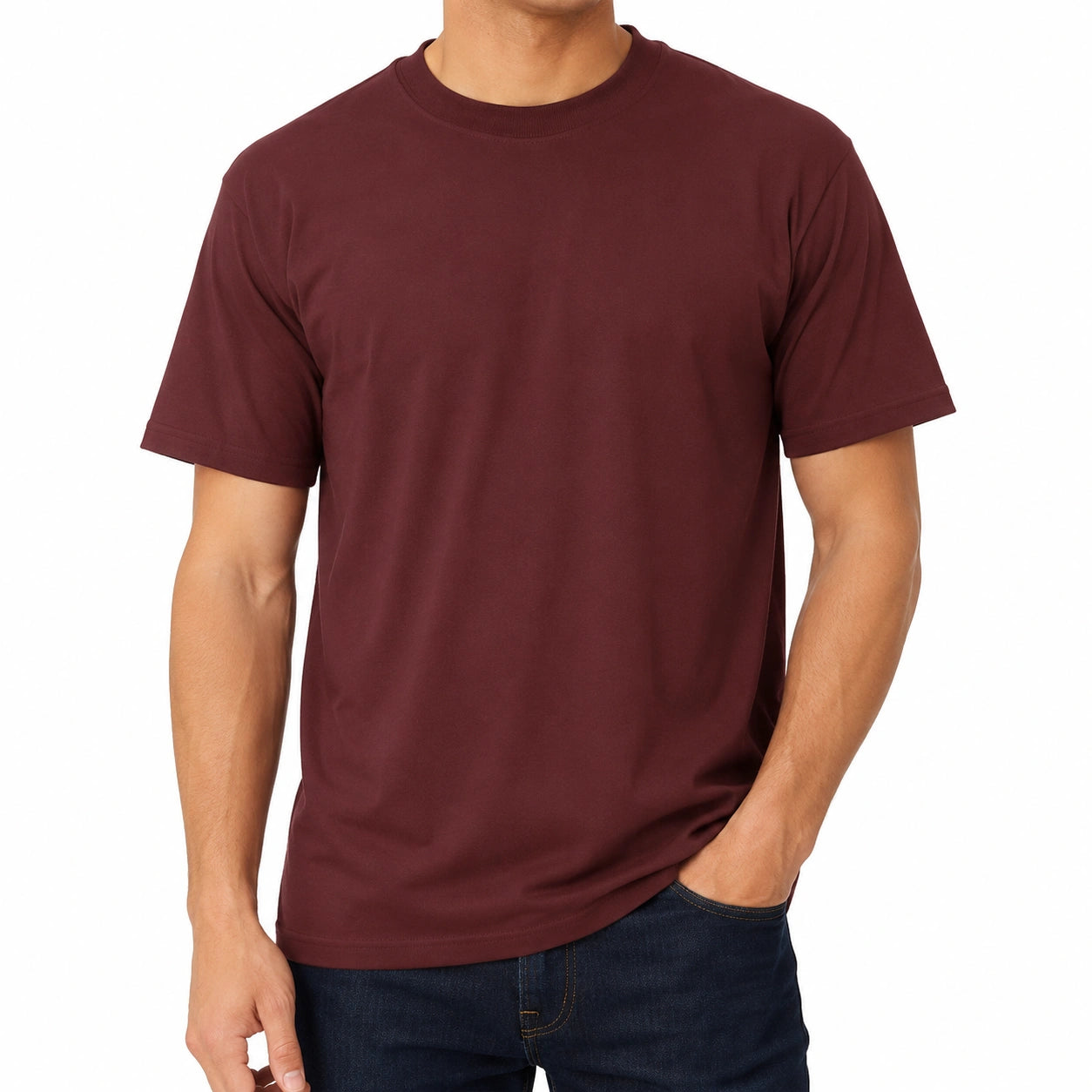 Herren T-Shirt Größe L aus Textilgewebe in Bordeaux mit Rundhals Kurzarm