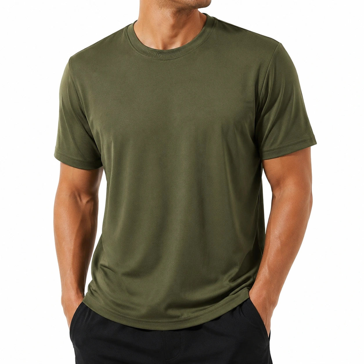 Herren T-Shirt Größe M olivgrün aus Kunstfaser kurzarm für Sport